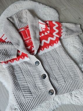 Old Navy Fair Isle Shawl Collar Cardigan - Grey & Red Nordic Knit Sweater M🔥